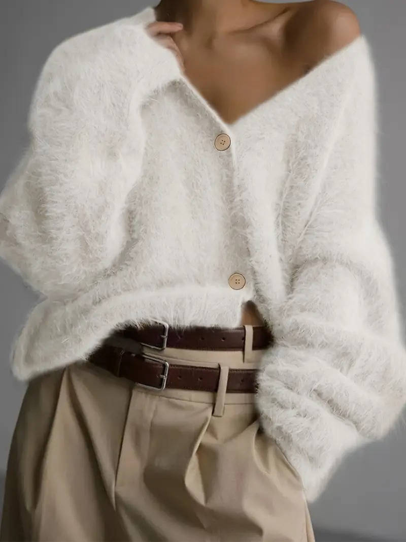 Women's Fuzzy Cropped Cardigan Sweaters With Buttons