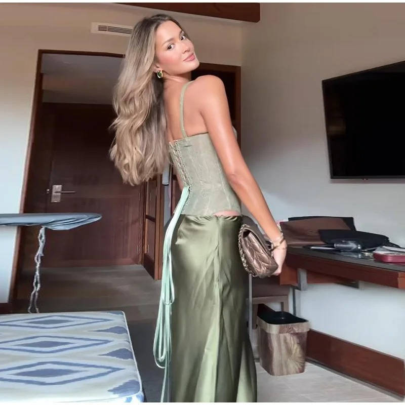 Green Satin Maxi Dress Women Formal Evening Gown