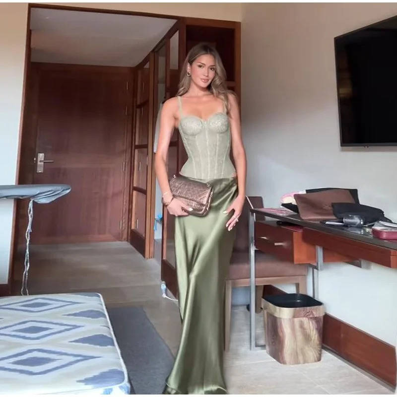 Green Satin Maxi Dress Women Formal Evening Gown