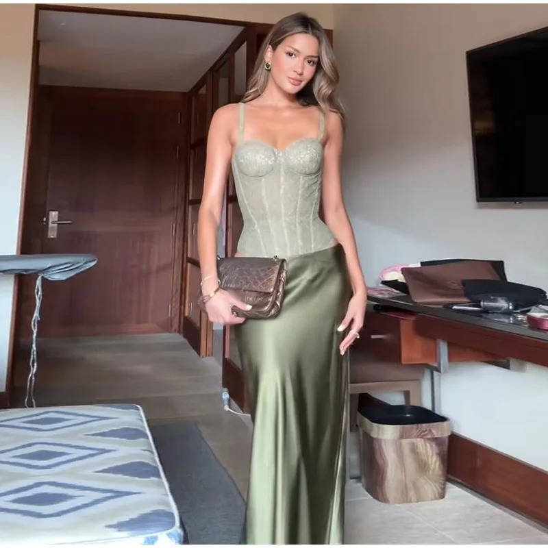 Green Satin Maxi Dress Women Formal Evening Gown