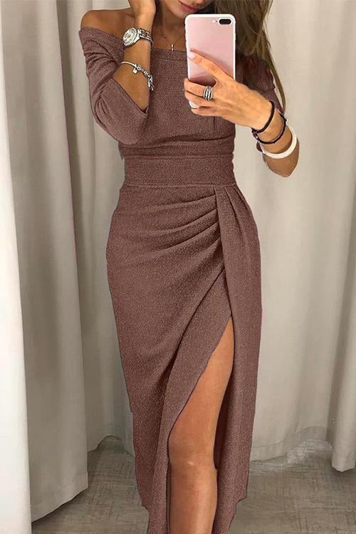 Off Shoulder Thigh Slit Evening Dress
