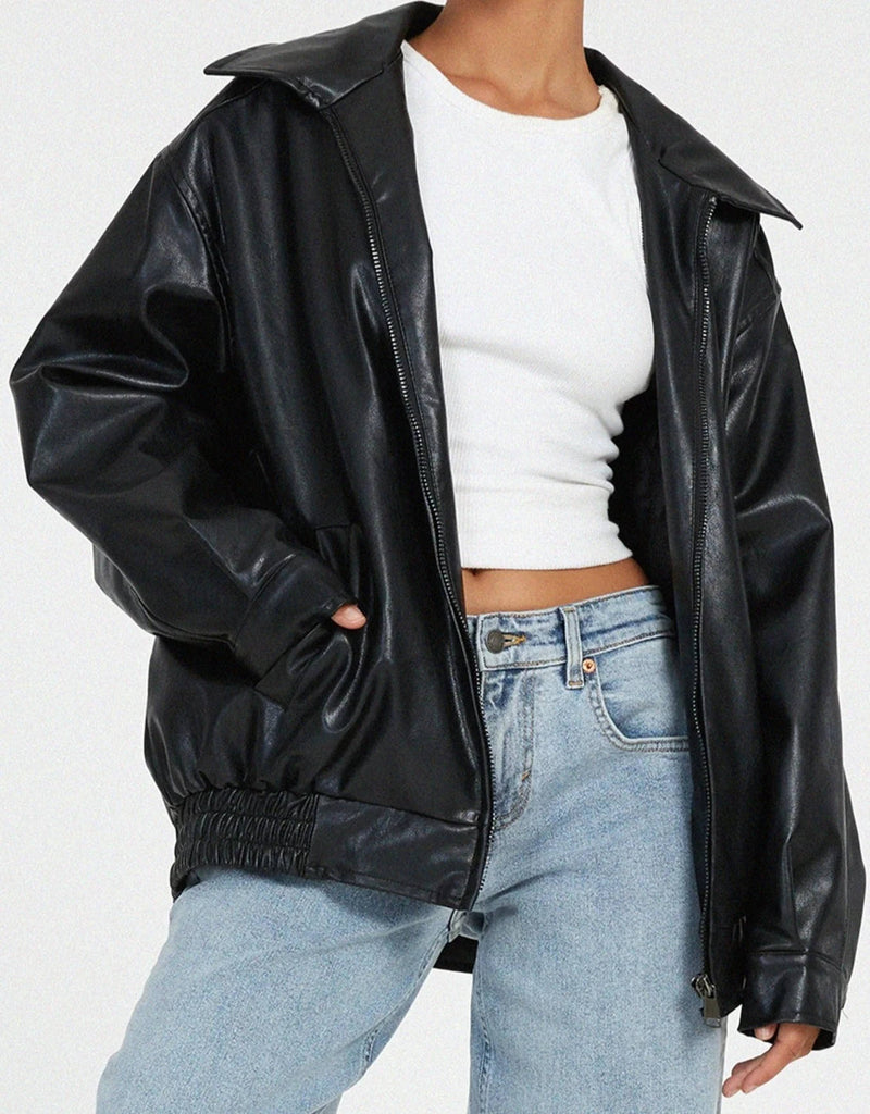 Womens Oversized Leather Bomber Jacket