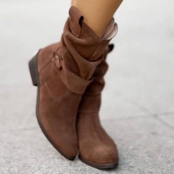 Mid Calf Slouch Suede Boots Low Heel