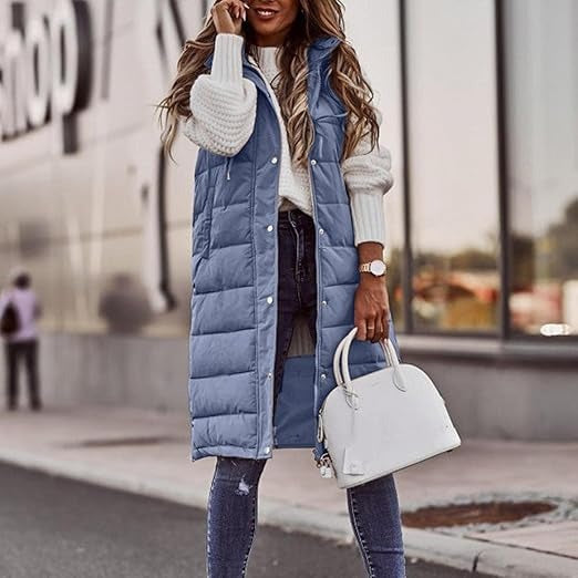 Long Hooded Sleeveless Puffer Vest