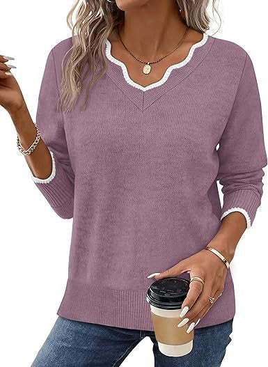 Women's Fall V Neck Sweater Casual Long Sleeve