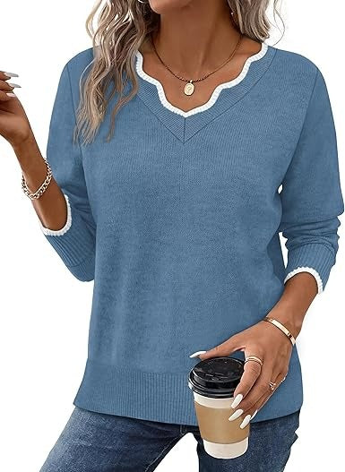 Women's Fall V Neck Sweater Casual Long Sleeve