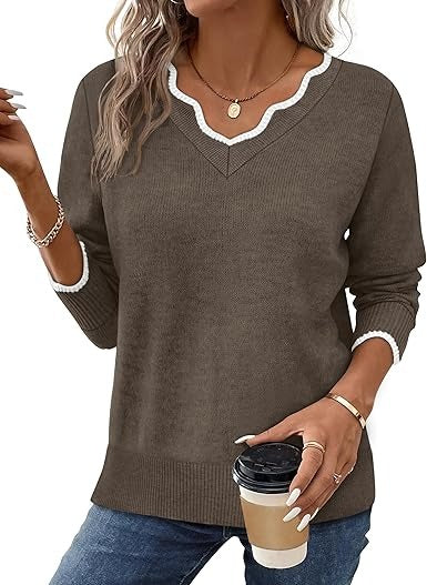 Women's Fall V Neck Sweater Casual Long Sleeve
