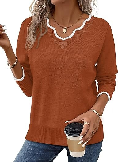 Women's Fall V Neck Sweater Casual Long Sleeve