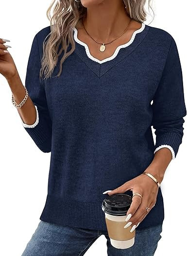 Women's Fall V Neck Sweater Casual Long Sleeve
