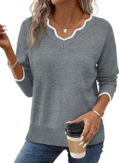 Women's Fall V Neck Sweater Casual Long Sleeve