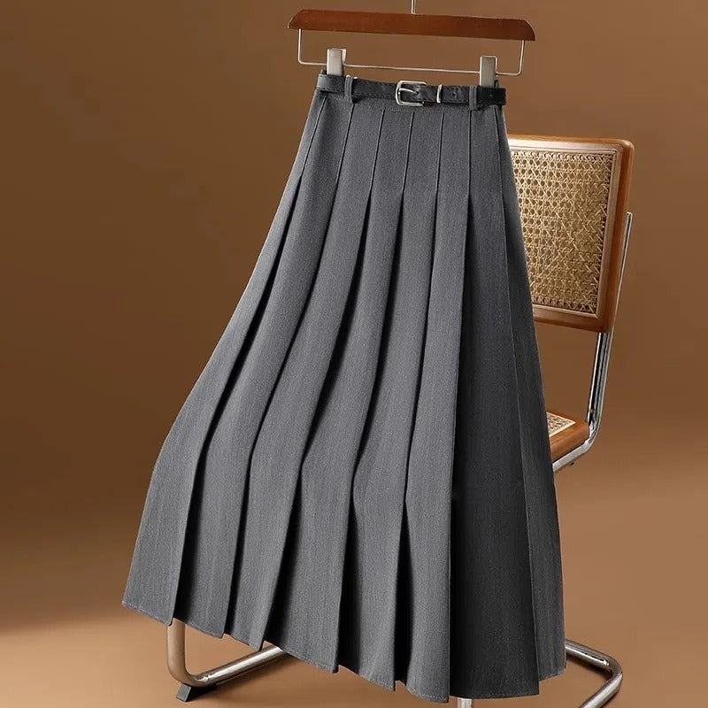 Women's Pleated Midi Skirt High Waist A Line with Belt