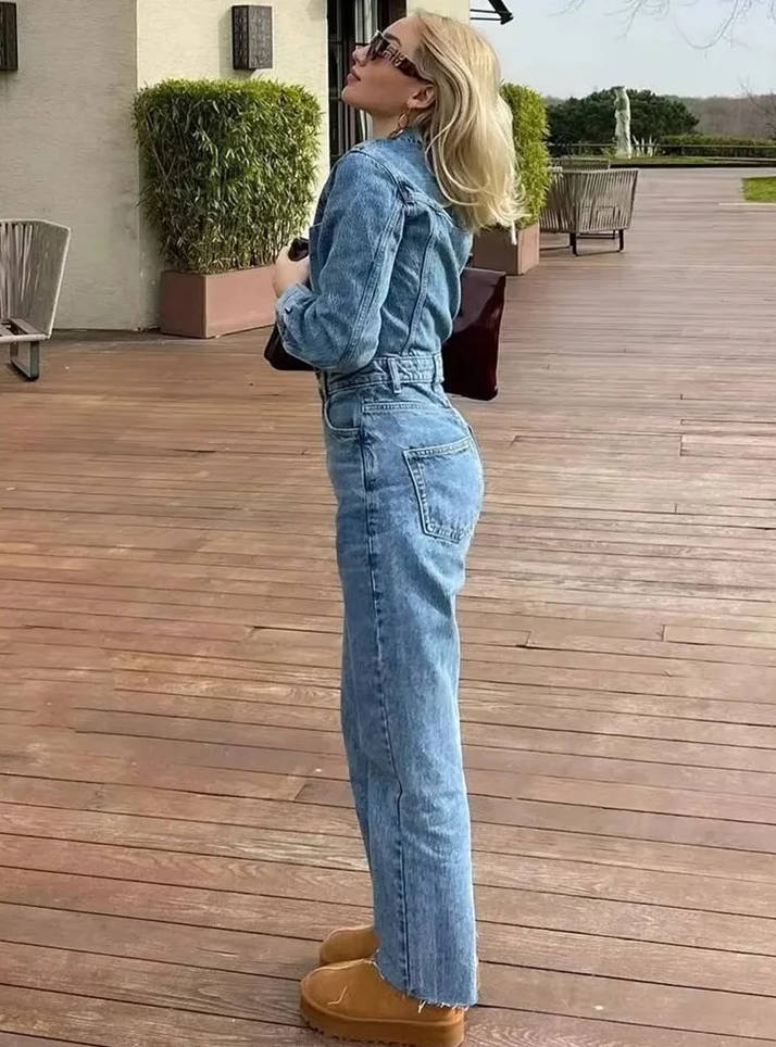 Casual Long Sleeve Denim Jumpsuit For Women