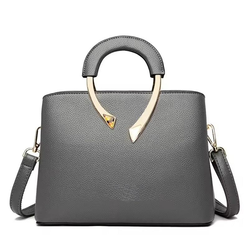 Pebbled Leather Handbag with Gold Metal Handle