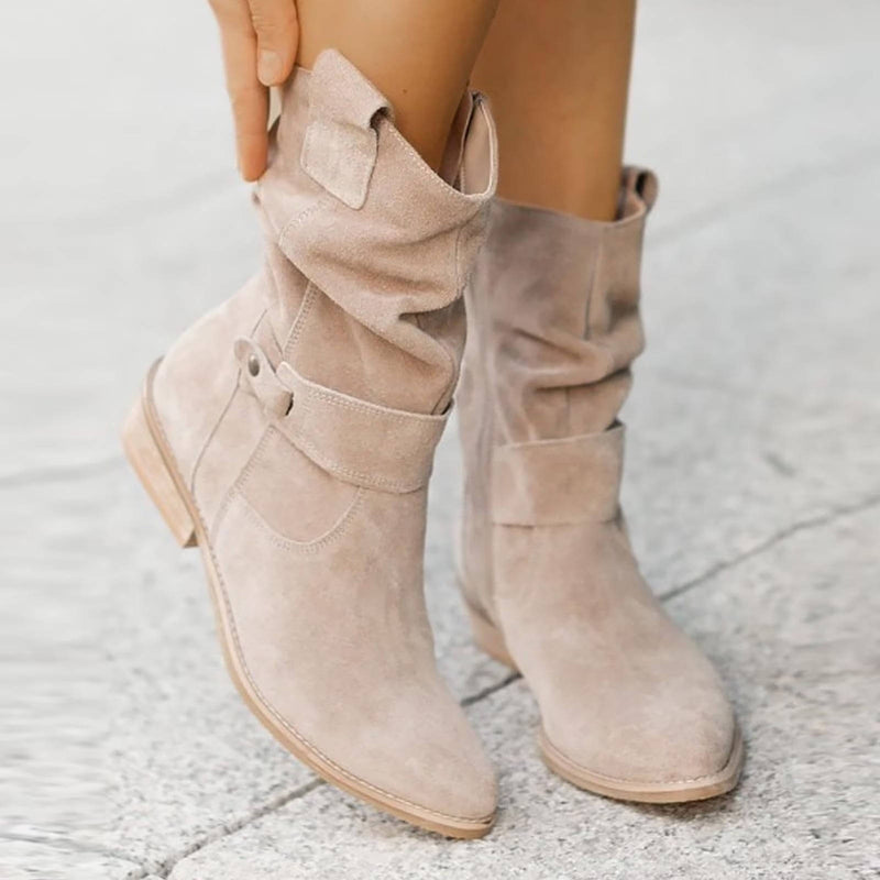 Mid Calf Slouch Suede Boots Low Heel