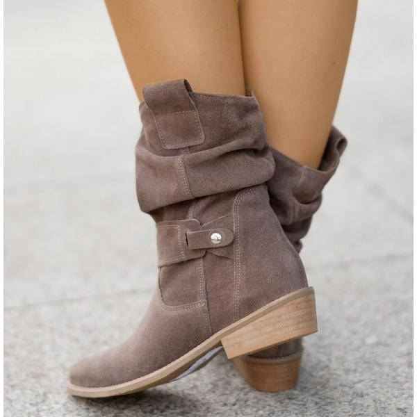Mid Calf Slouch Suede Boots Low Heel