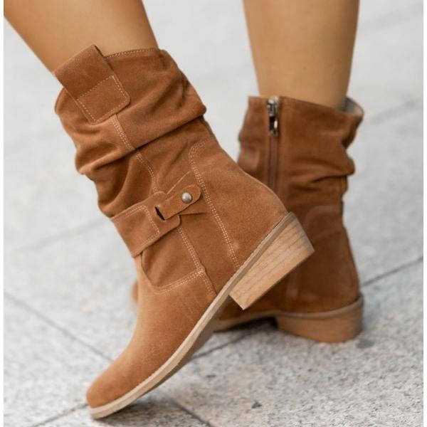 Mid Calf Slouch Suede Boots Low Heel