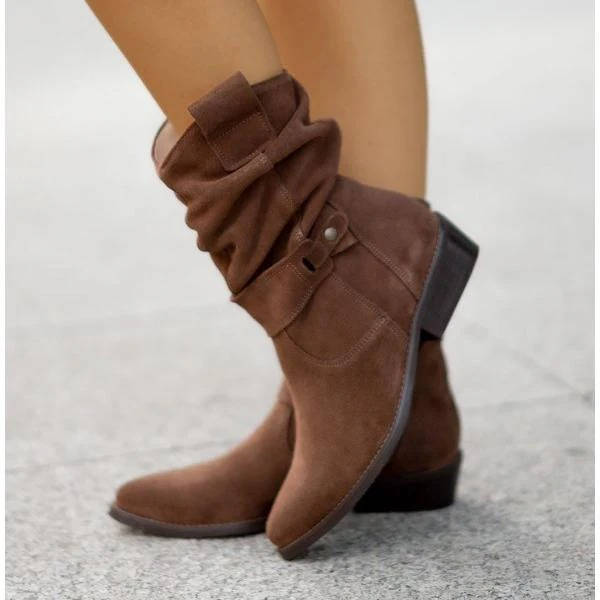Mid Calf Slouch Suede Boots Low Heel