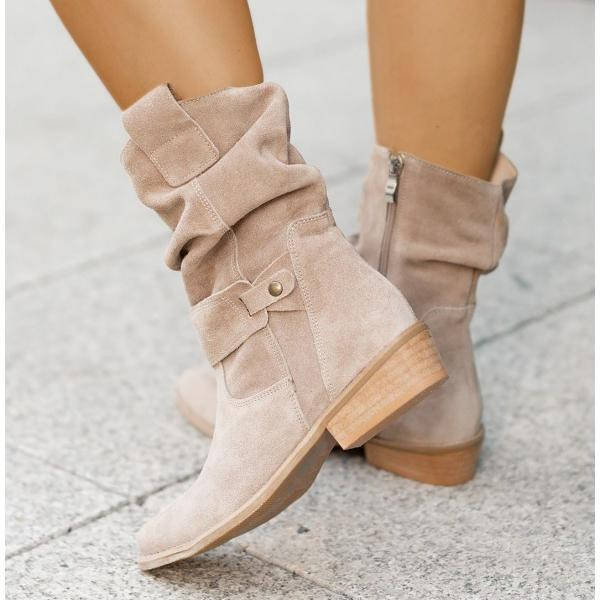 Mid Calf Slouch Suede Boots Low Heel