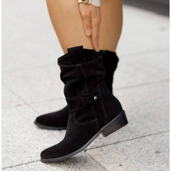 Mid Calf Slouch Suede Boots Low Heel