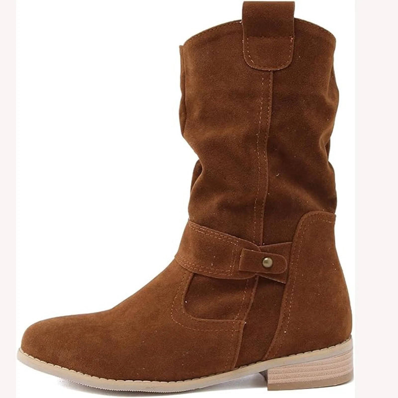 Mid Calf Slouch Suede Boots Low Heel