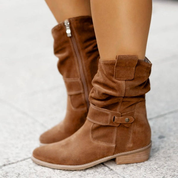 Mid Calf Slouch Suede Boots Low Heel