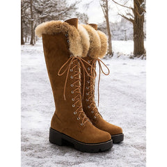 Knee High Winter Boots with Lace Up Front and Lug Sole Traction, Plush Cuff
