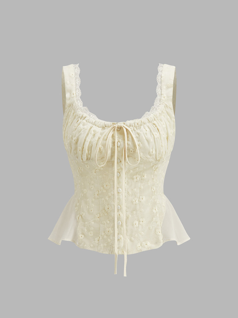 Lace Trim Ruched Floral Peplum Top