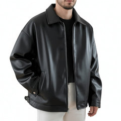 Black Faux Leather Bomber Jacket with Ribbed Cuffs and Zipper Closure