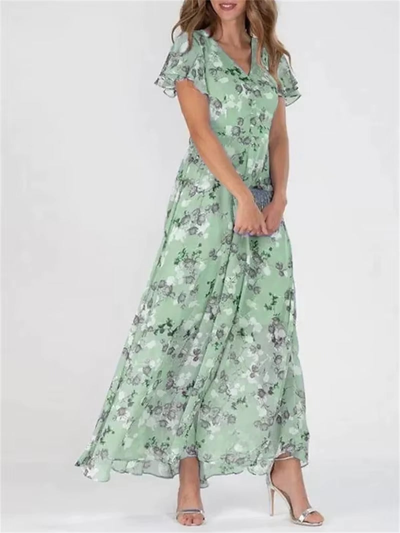 Elegant V Neck Ruffle Sleeve Floral High Waist Dress for Women