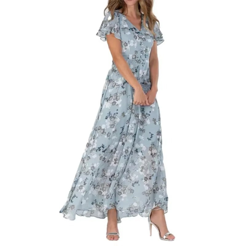 Elegant V Neck Ruffle Sleeve Floral High Waist Dress for Women