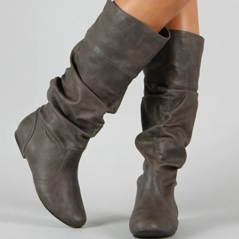 Vintage Women’s Knee High Riding Boots with Wedge Heel in Brown Gray Black