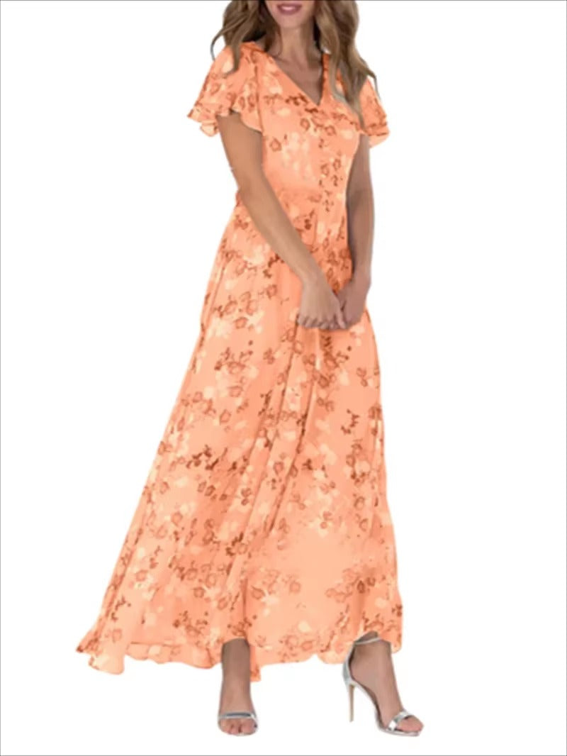 Elegant V Neck Ruffle Sleeve Floral High Waist Dress for Women