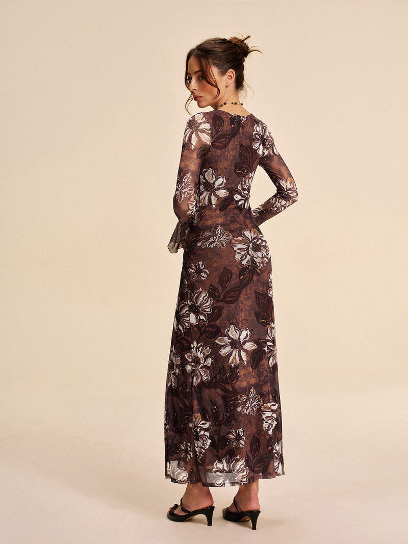 Mesh Floral Cutout Slit Dress