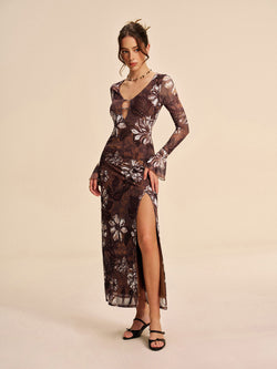Mesh Floral Cutout Slit Dress