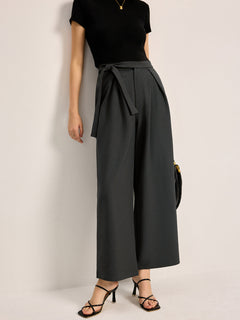 Mid-Waist Tie Belt Pants With  Pockets