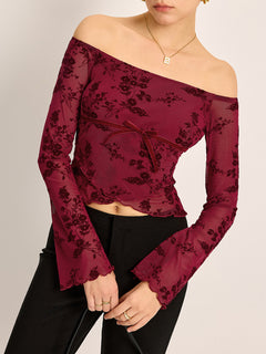 Off-Shoulder Floral Print Long Sleeve  T-Shirt