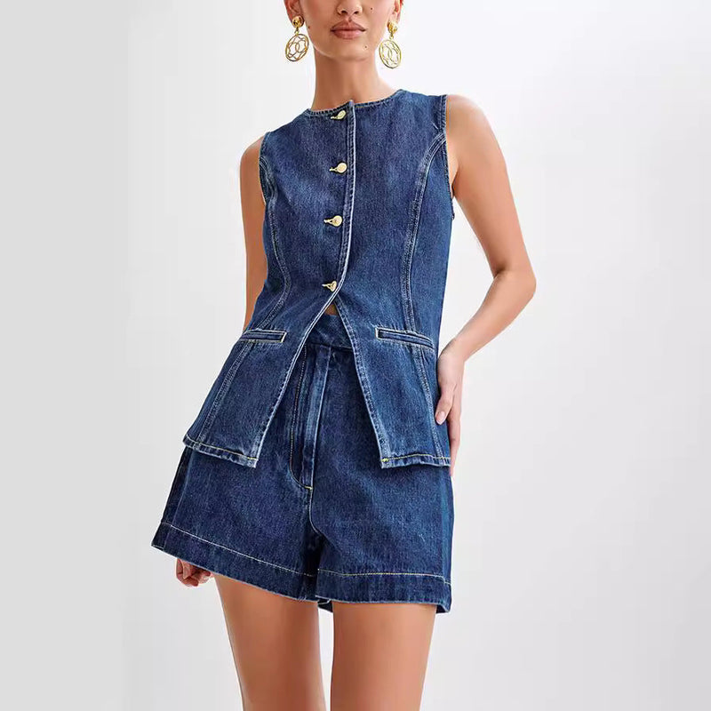 Ondine - Denim Vest and Shorts Set For Women