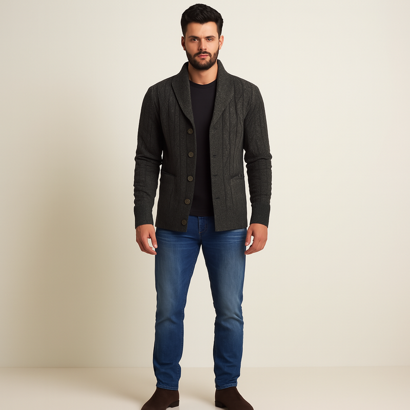 Men's Slim Fit Solid Color Knit Cardigan Coat for Autumn and Winter