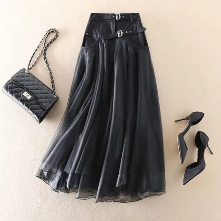 Y2K Patchwork Gauze A-line High Waist Contrast Color Skirt for Women