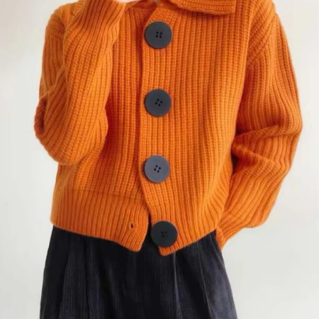 Women's Grey Button Front Knit Cardigan with Turn Down Collar, Loose Fit Sweater Coat for Fall and Winter