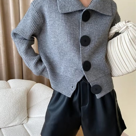 Women's Grey Button Front Knit Cardigan with Turn Down Collar, Loose Fit Sweater Coat for Fall and Winter