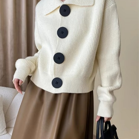 Women's Grey Button Front Knit Cardigan with Turn Down Collar, Loose Fit Sweater Coat for Fall and Winter