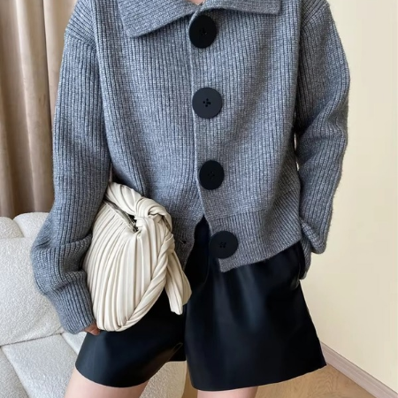 Women's Grey Button Front Knit Cardigan with Turn Down Collar, Loose Fit Sweater Coat for Fall and Winter
