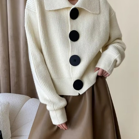 Women's Grey Button Front Knit Cardigan with Turn Down Collar, Loose Fit Sweater Coat for Fall and Winter