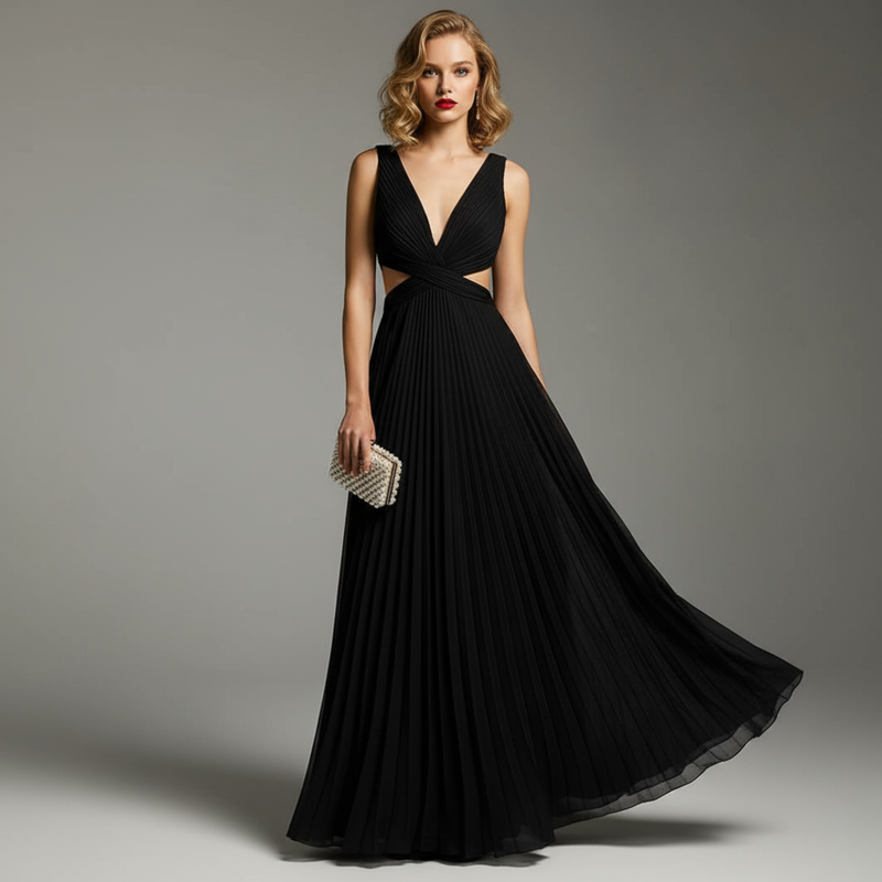 Elegant Sleeveless Summer Maxi Dress with Deep V Neck and Pleated High Waist Design