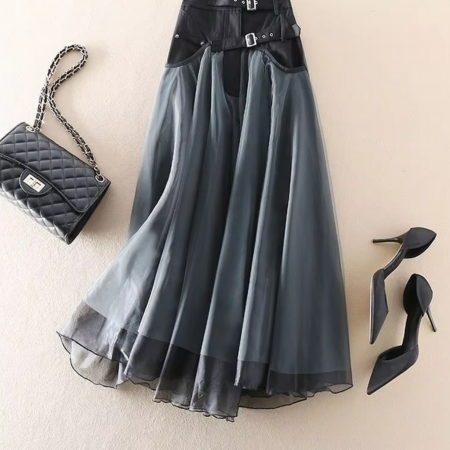 Y2K Patchwork Gauze A-line High Waist Contrast Color Skirt for Women