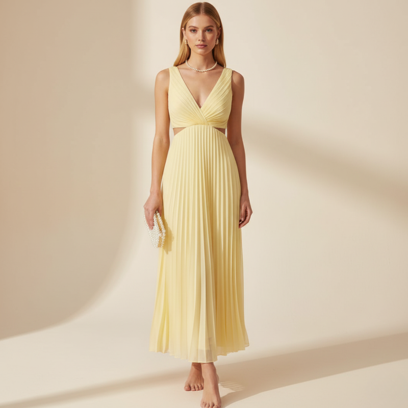 Elegant Sleeveless Summer Maxi Dress with Deep V Neck and Pleated High Waist Design