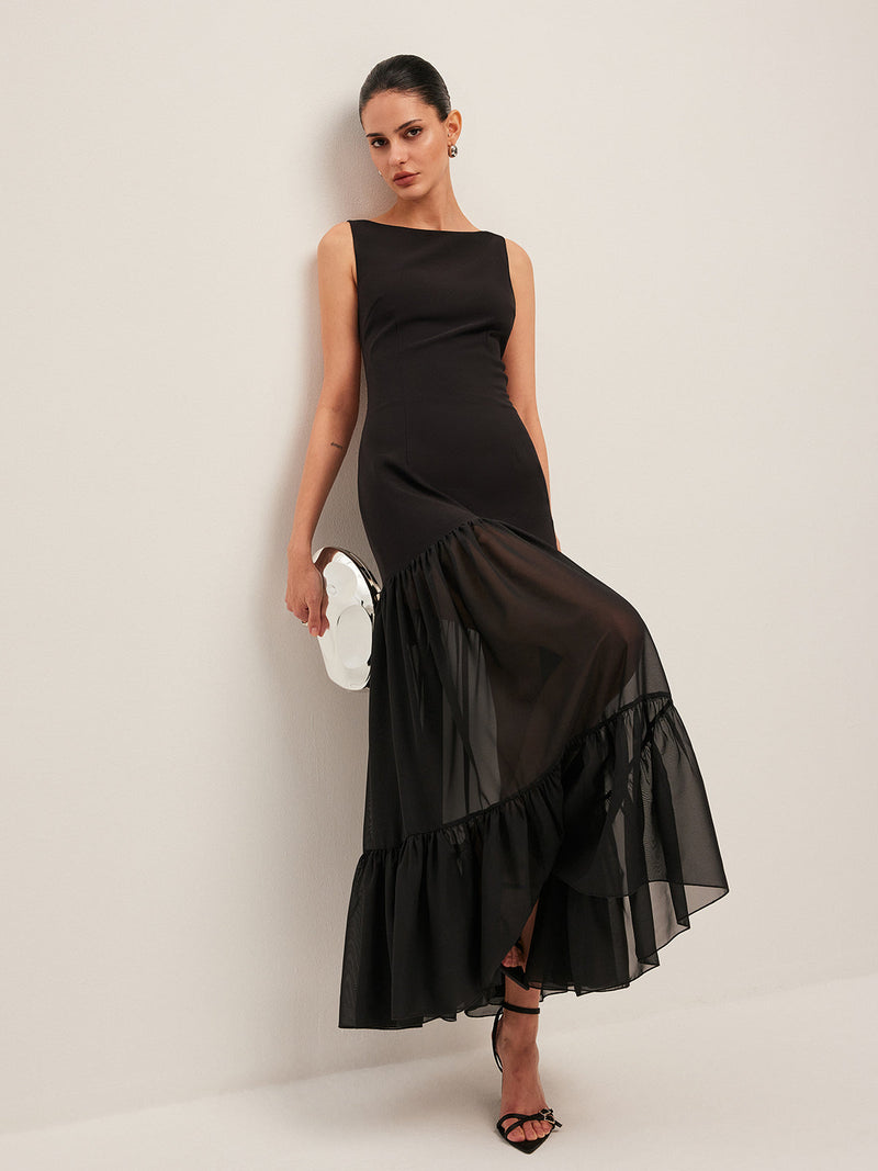 Sheer Panel Back-Tie Ruffled Hem Dress