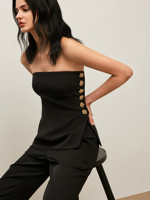 Side Button Detail Strapless Top