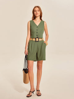 V-Neck Buttoned Shorts Set With  Belt